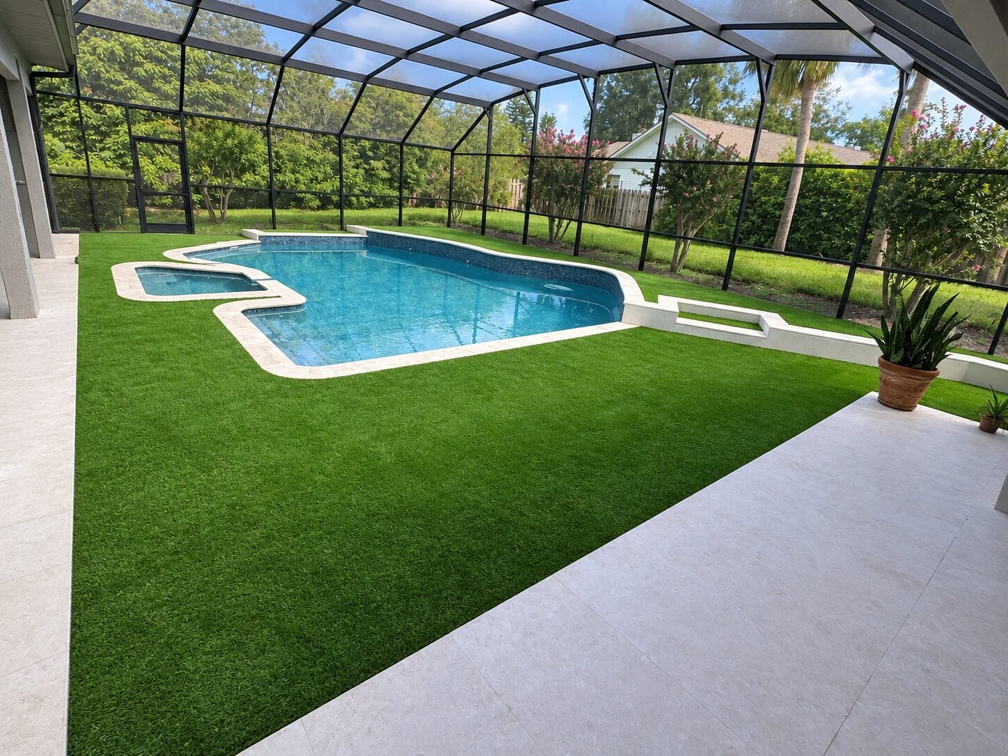 Piscina con cerramiento de malla y césped sintético en el patio trasero, instalados por Cavisa Solutions