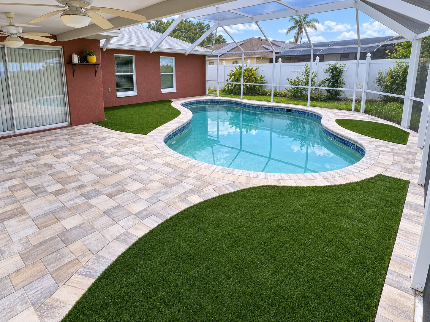 Piscina con cerramiento de malla y lanai con césped sintético en el patio trasero, instalados por Cavisa Solutions