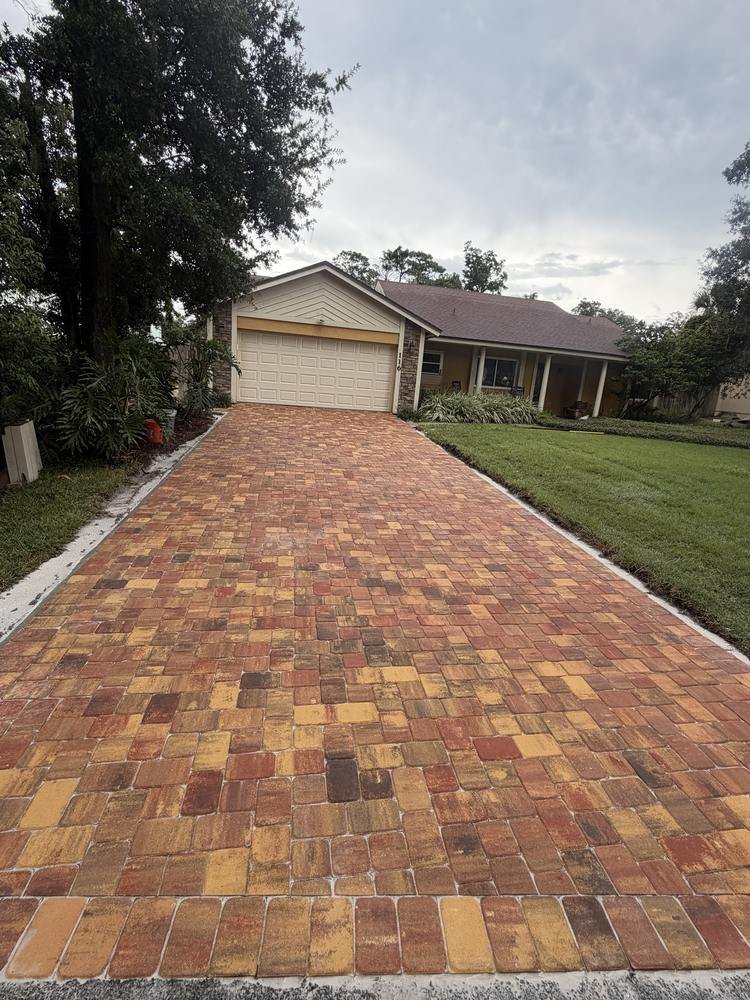 Finished paver driveway seen from the street