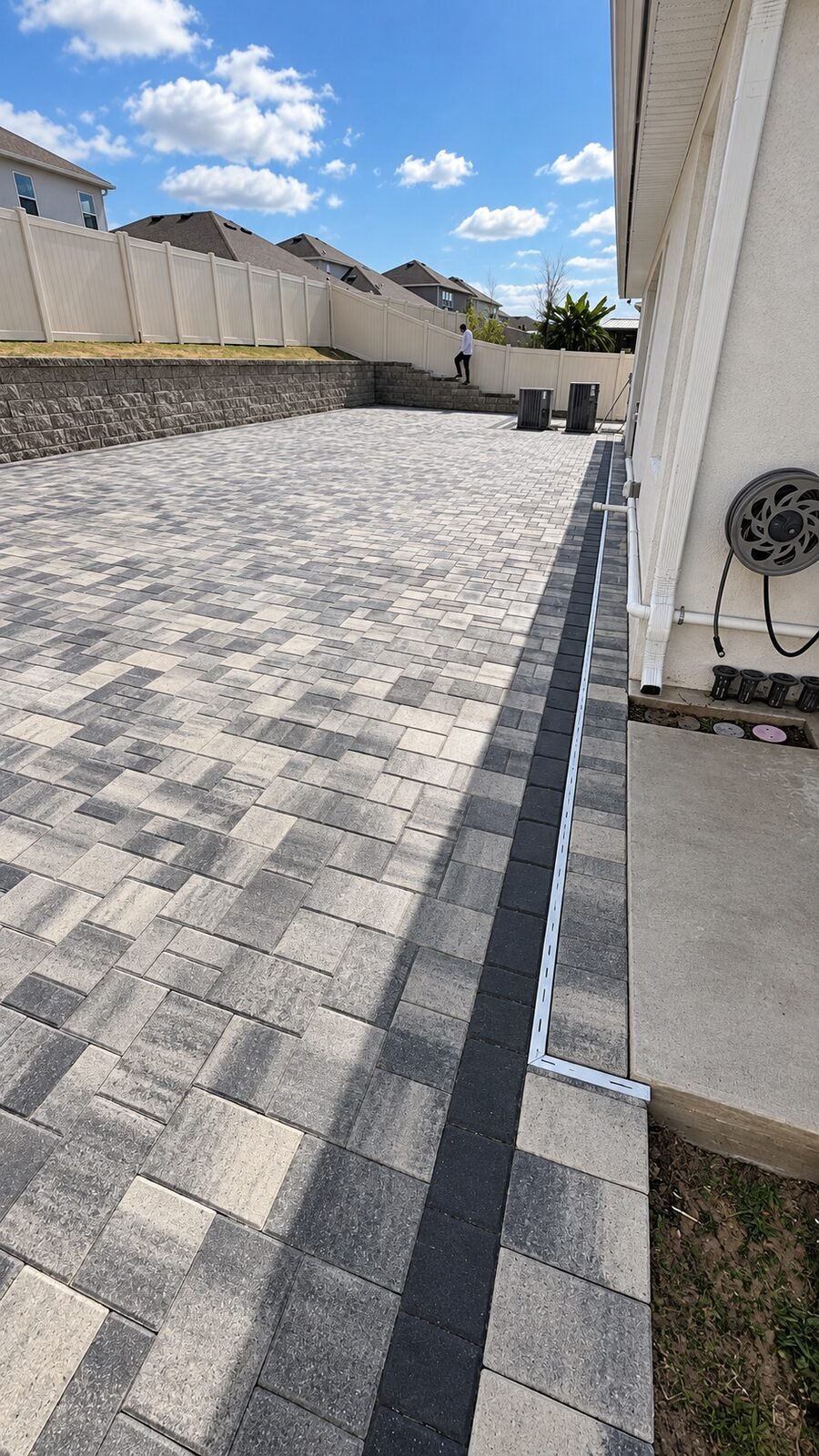 Patio de adoquines con muro de contención y escalones en el patio trasero, instalados por Cavisa Solutions