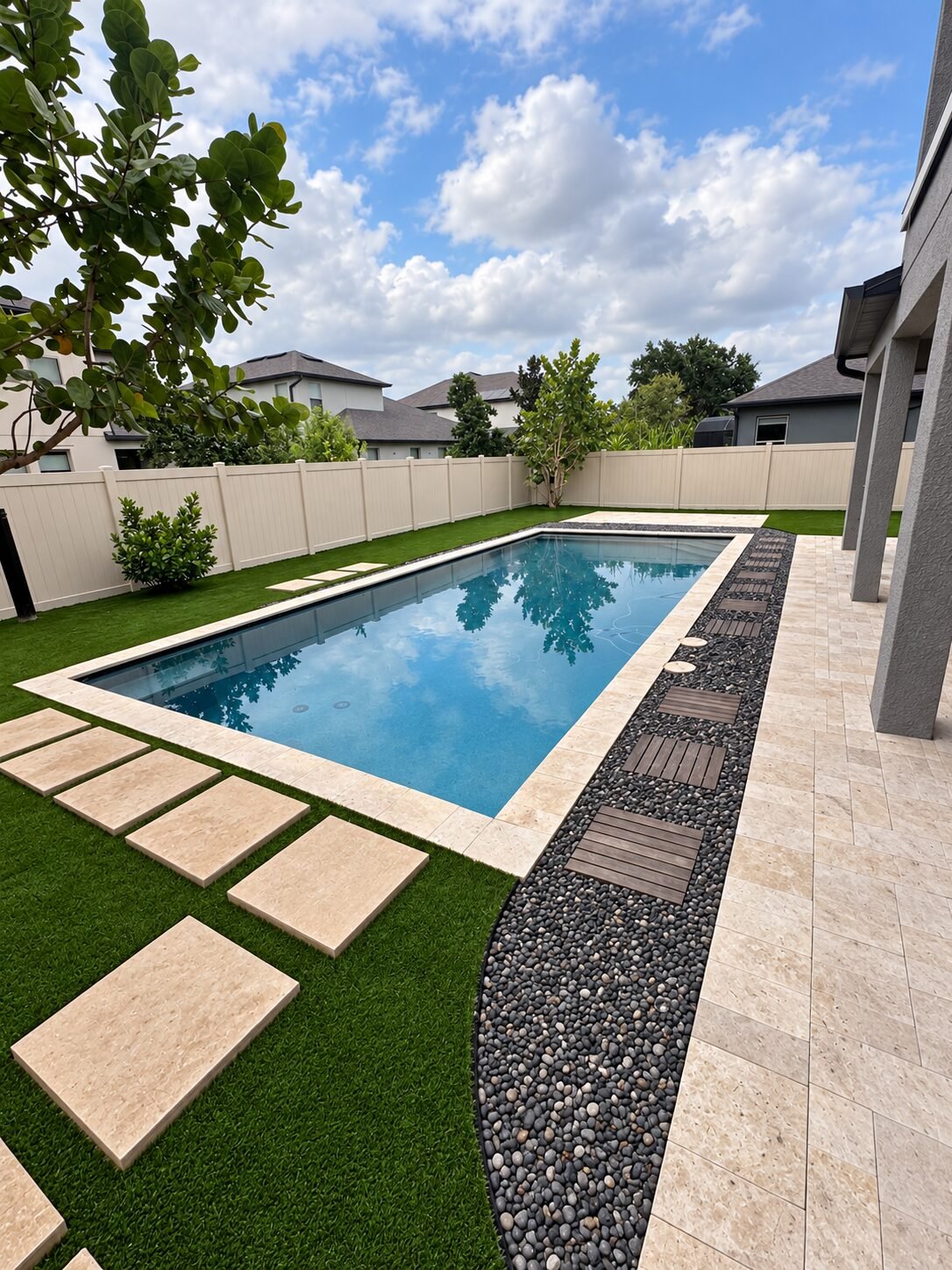Borde de piscina con borde de guijarros y pisaderas de porcelanato tipo madera, instalados por Cavisa Solutions
