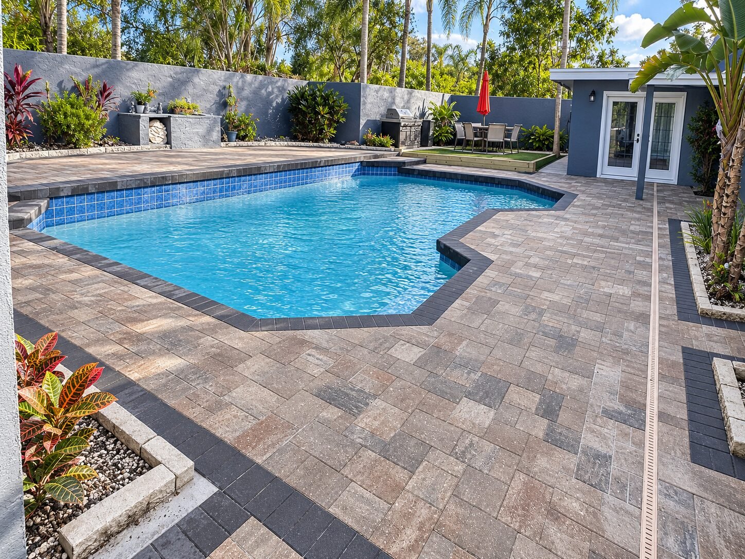 Borde de piscina de adoquines beige con paisajismo tropical, instalado por Cavisa Solutions