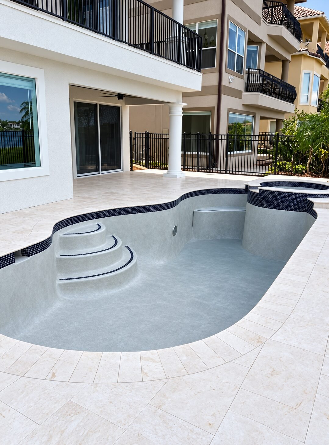 Remodelación de piscina con mosaico azul marino y borde de adoquines, por Cavisa Solutions