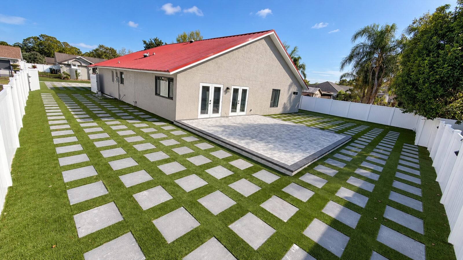 Vista aérea de patio trasero con césped sintético tipo ajedrez y adoquines, instalados por Cavisa Solutions