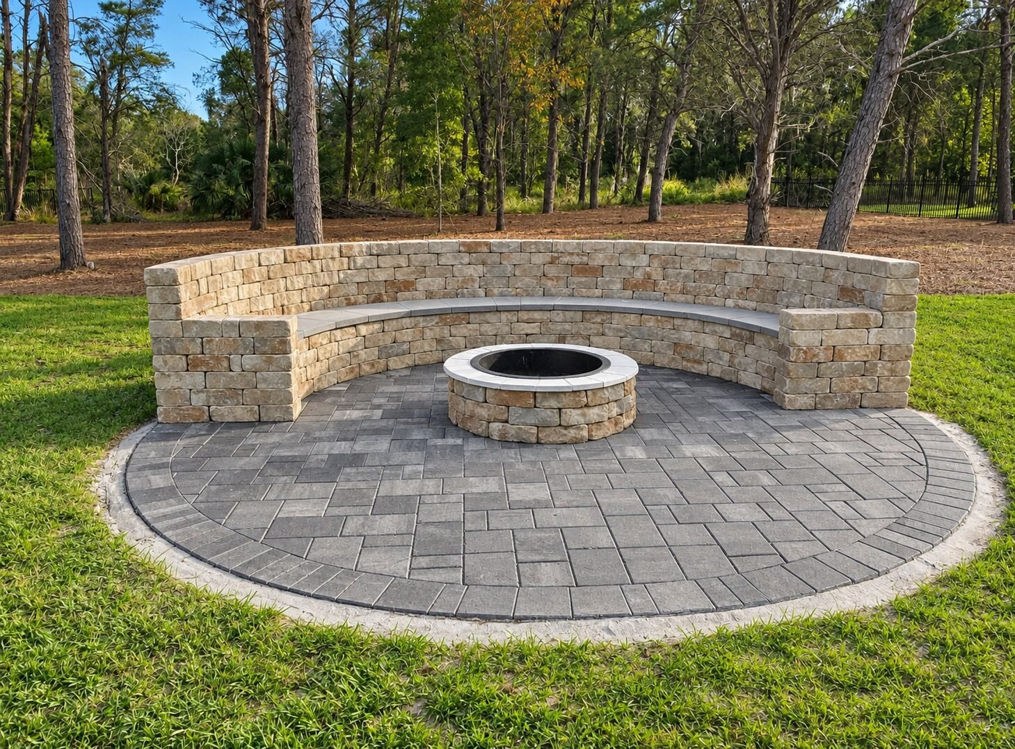 Patio trasero con césped sintético tipo ajedrez y adoquines junto a la piscina, instalados por Cavisa Solutions