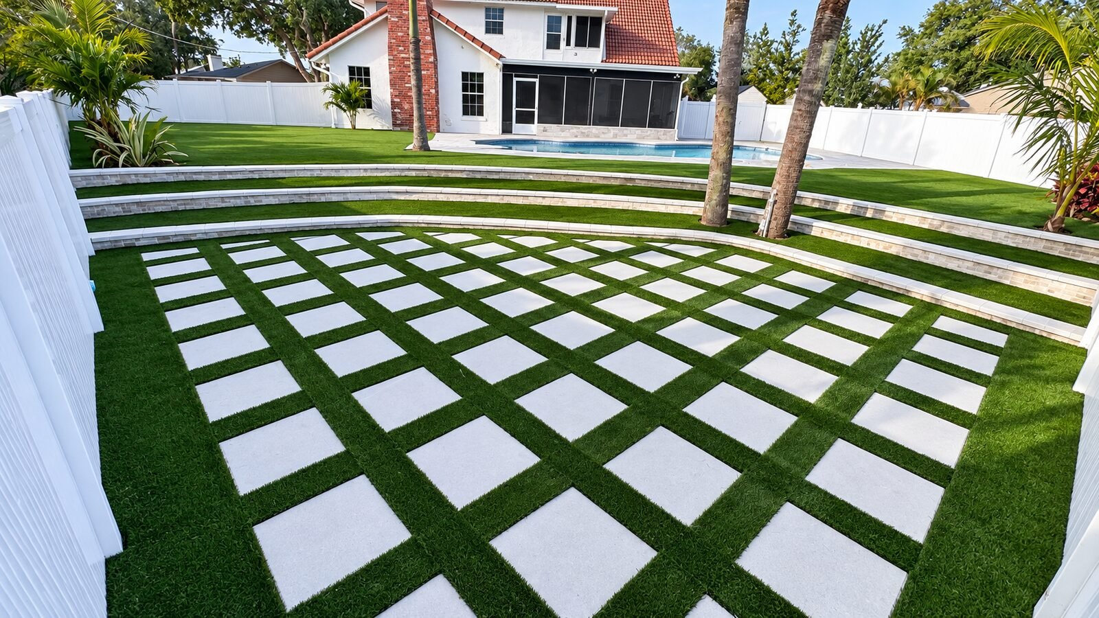 Patio con césped sintético tipo ajedrez y adoquines, con escalones de muro de contención en terrazas, por Cavisa Solutions