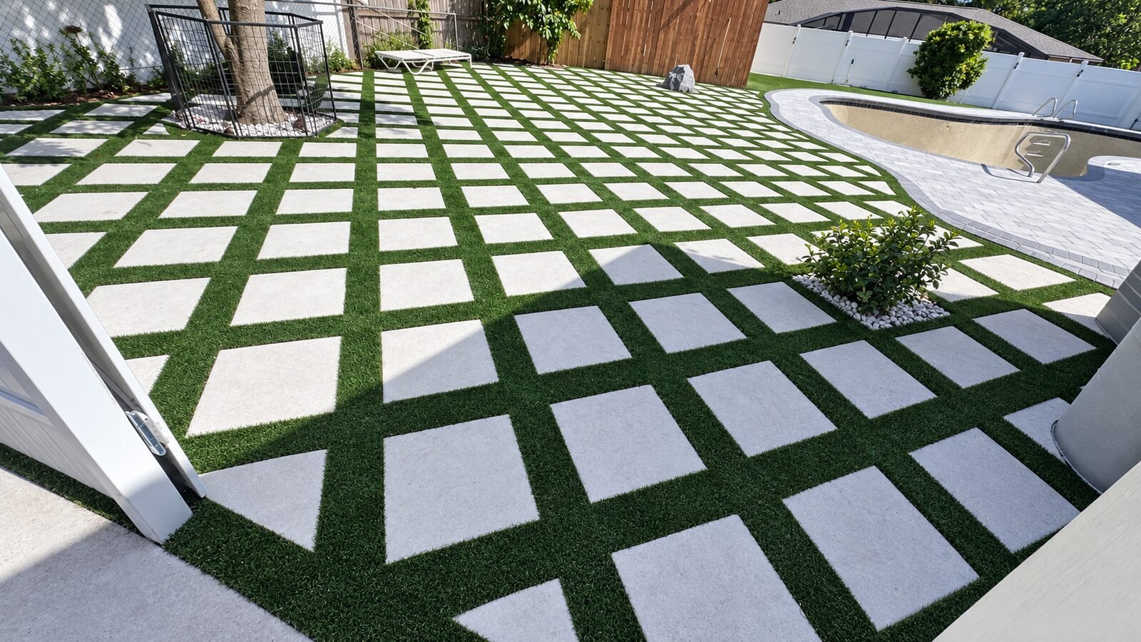 Patio con césped sintético tipo ajedrez y adoquines, con jardinera para árbol, instalados por Cavisa Solutions
