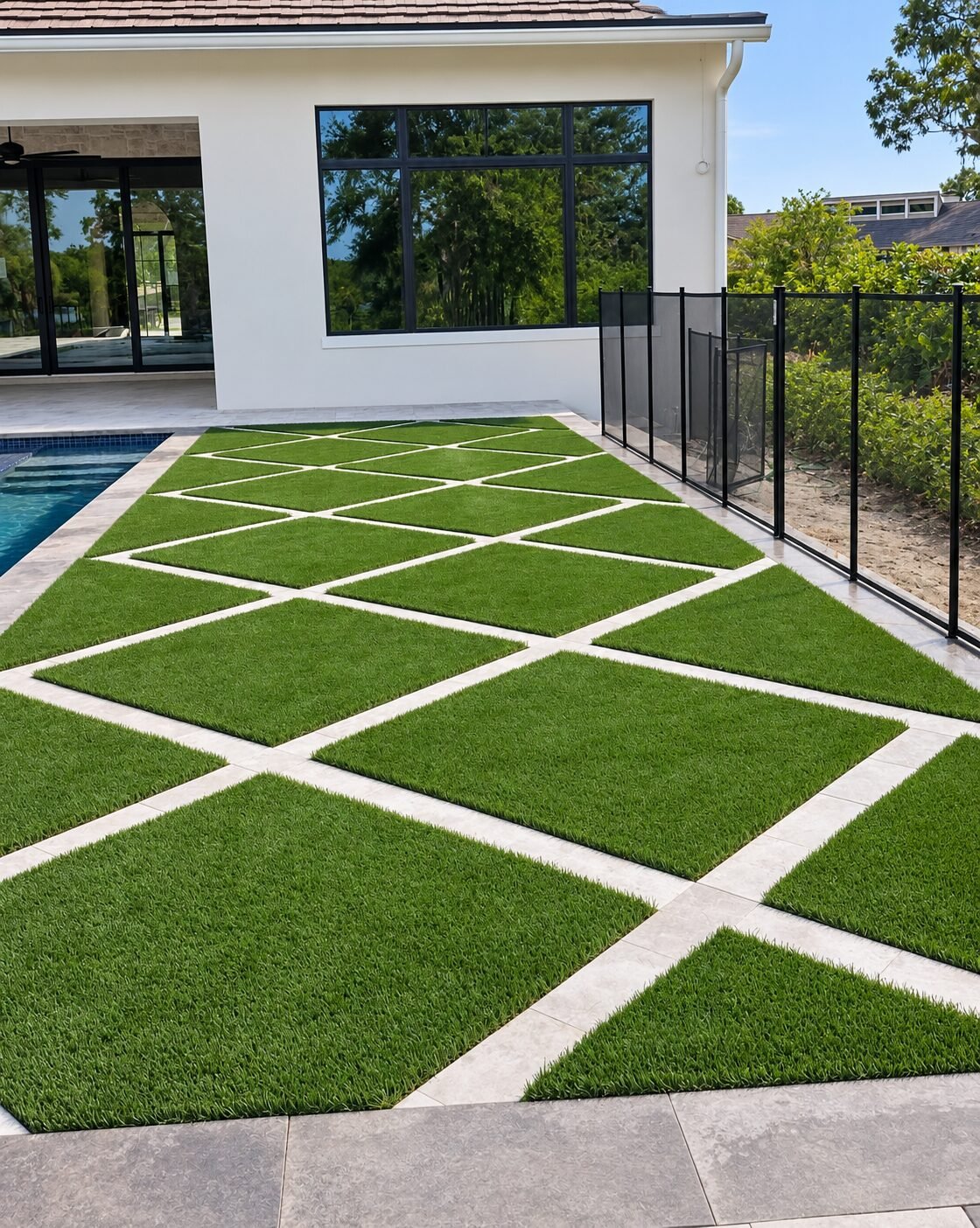 Césped sintético con patrón de rombos y borde de piscina de porcelanato, instalados por Cavisa Solutions